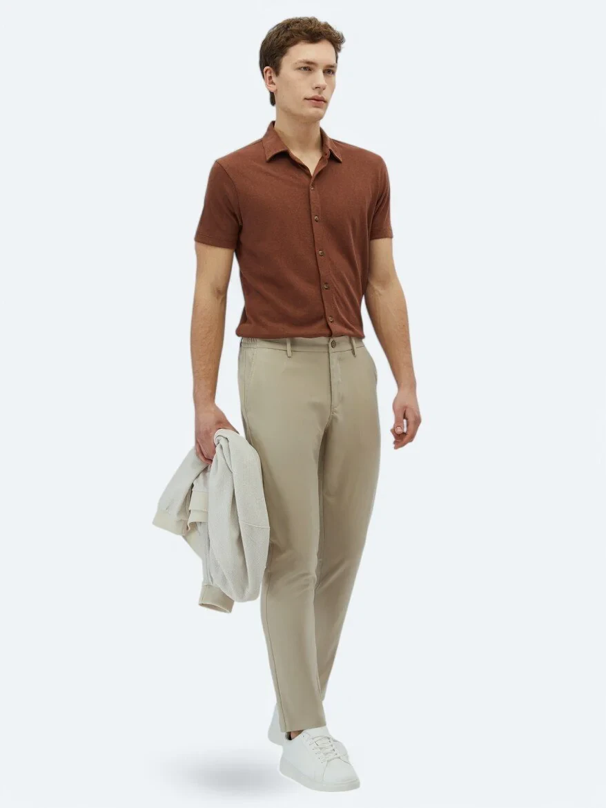 Brown Plain Regular Fit Knitting Casual Cotton Blended Shirt - 3