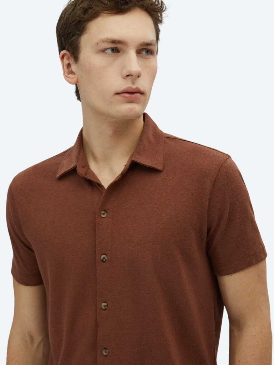 Brown Plain Regular Fit Knitting Casual Cotton Blended Shirt 