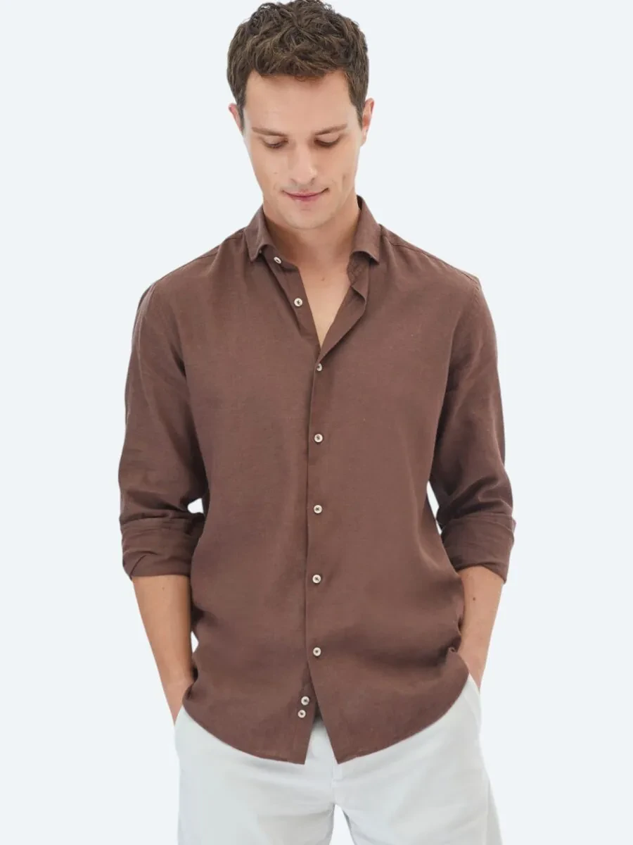 Brown Plain Regular Fit Weaving Casual Cotton Blended Shirt - 1