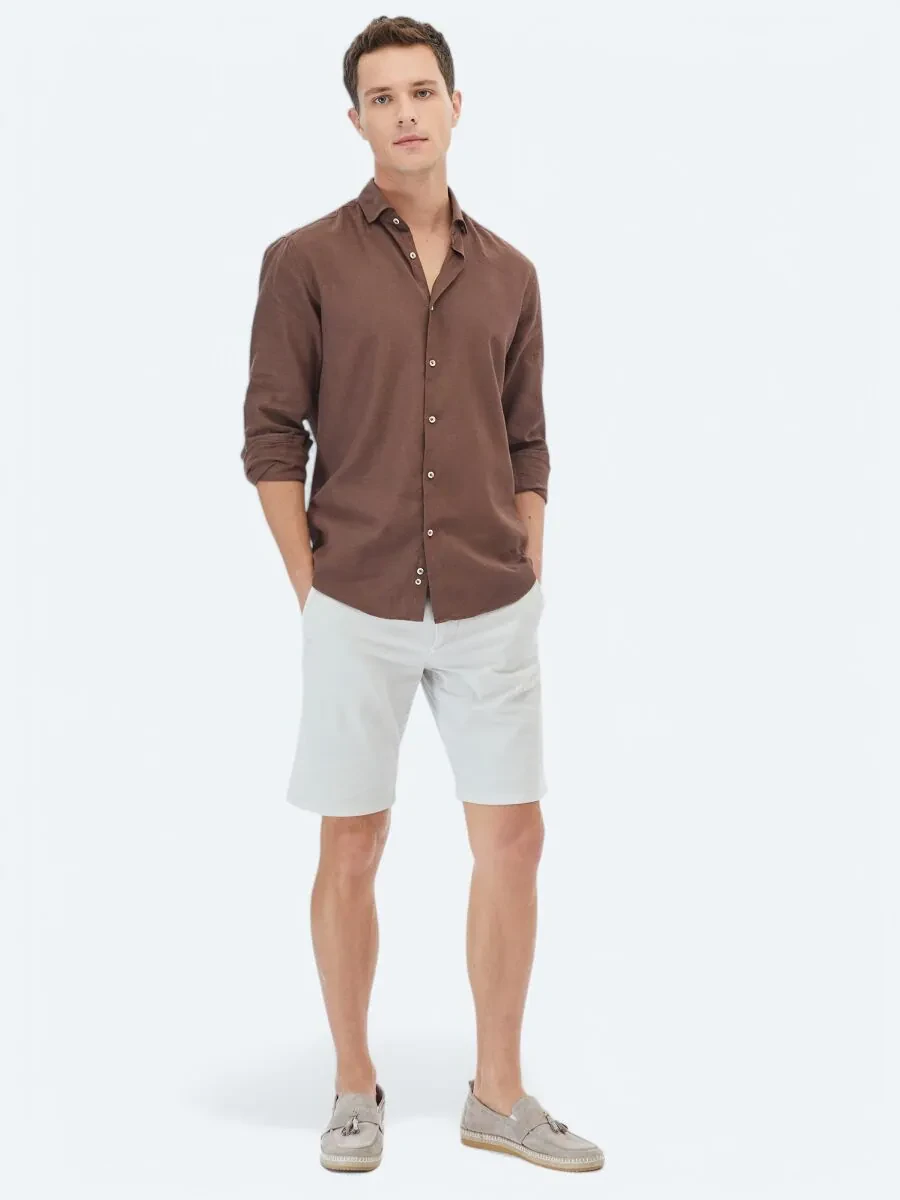 Brown Plain Regular Fit Weaving Casual Cotton Blended Shirt - 2