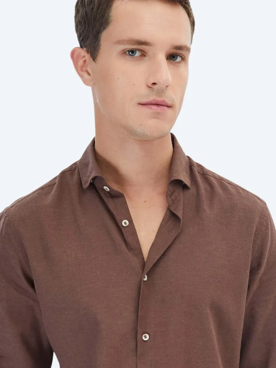 Brown Plain Regular Fit Weaving Casual Cotton Blended Shirt - 3