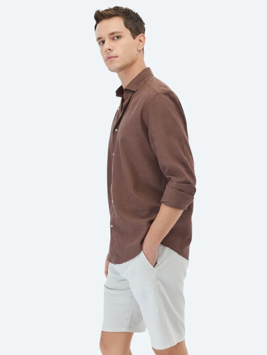 Brown Plain Regular Fit Weaving Casual Cotton Blended Shirt 
