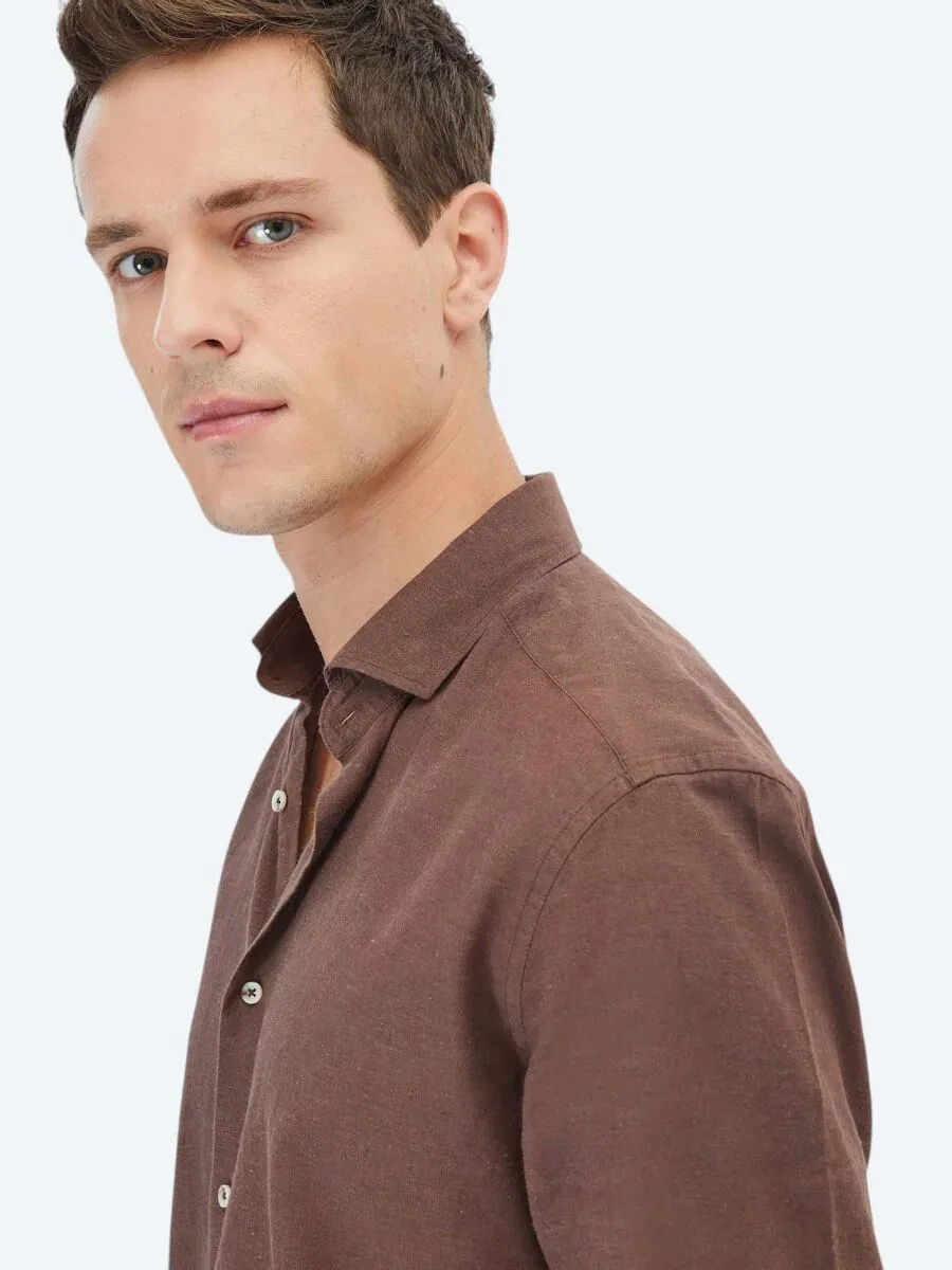 Brown Plain Regular Fit Weaving Casual Cotton Blended Shirt - 5