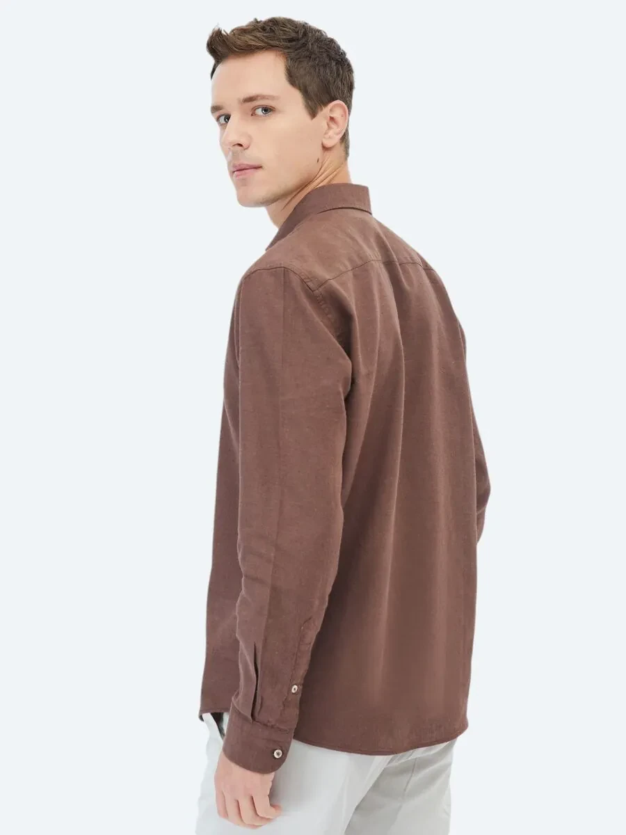 Brown Plain Regular Fit Weaving Casual Cotton Blended Shirt - 6