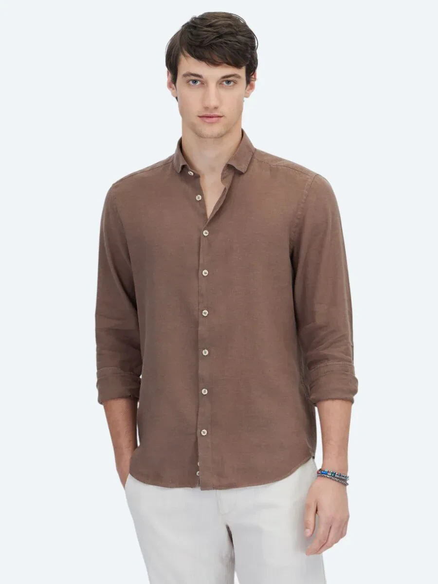 Brown Plain Weaving Casual Cotton Blended Shirt - 1