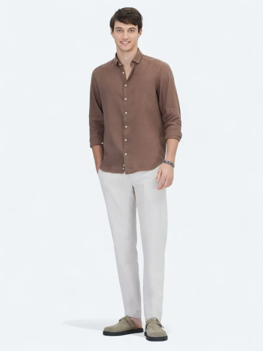 Brown Plain Weaving Casual Cotton Blended Shirt - 2