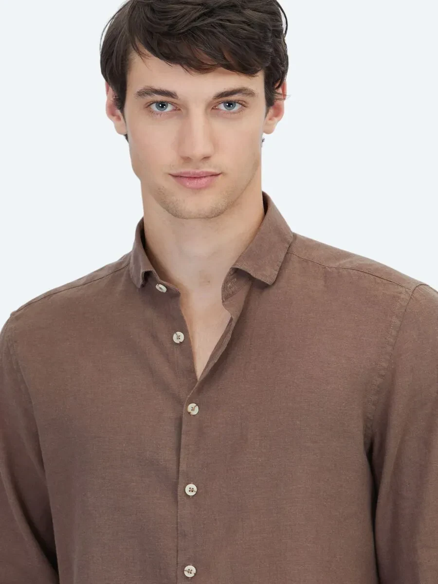 Brown Plain Weaving Casual Cotton Blended Shirt - 3