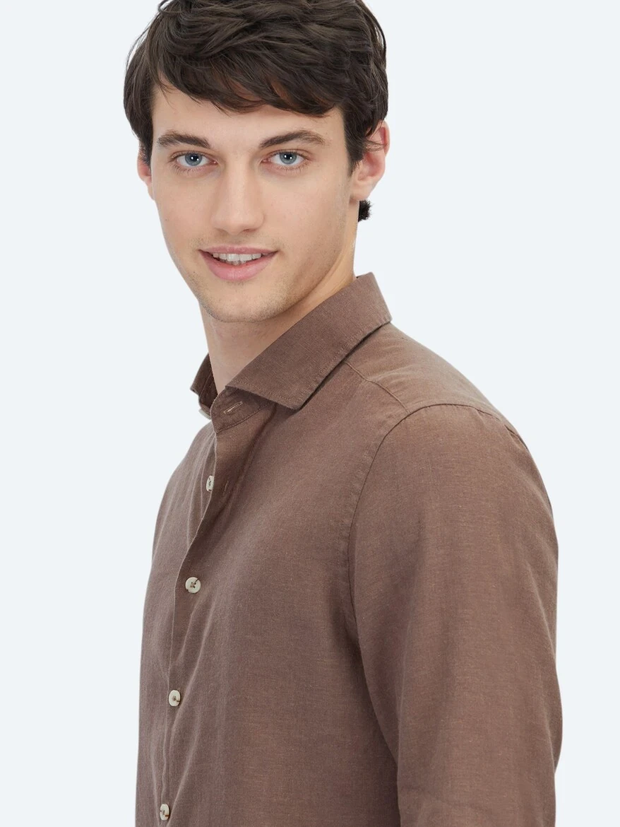 Brown Plain Weaving Casual Cotton Blended Shirt 