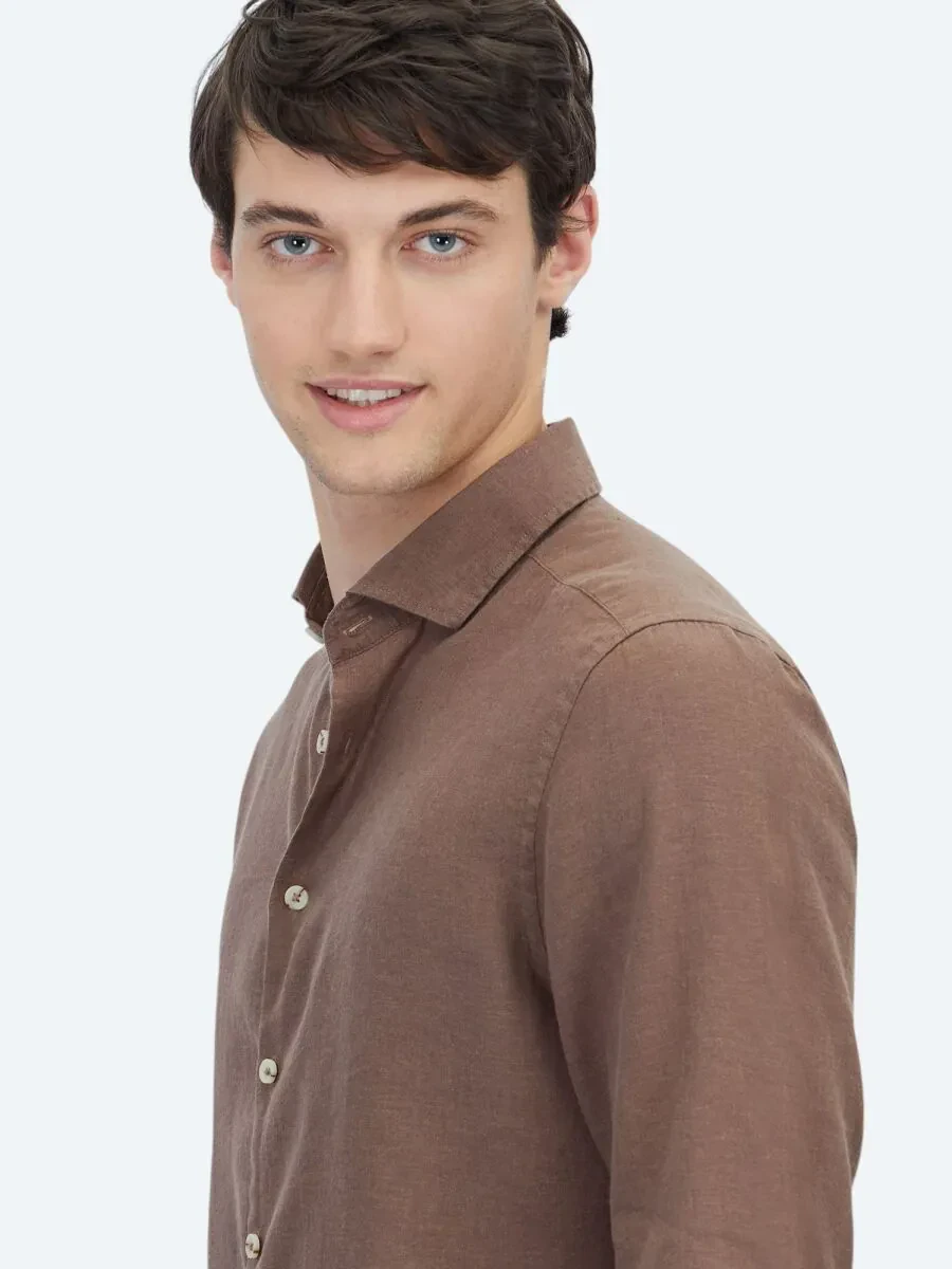 Brown Plain Weaving Casual Cotton Blended Shirt - 4
