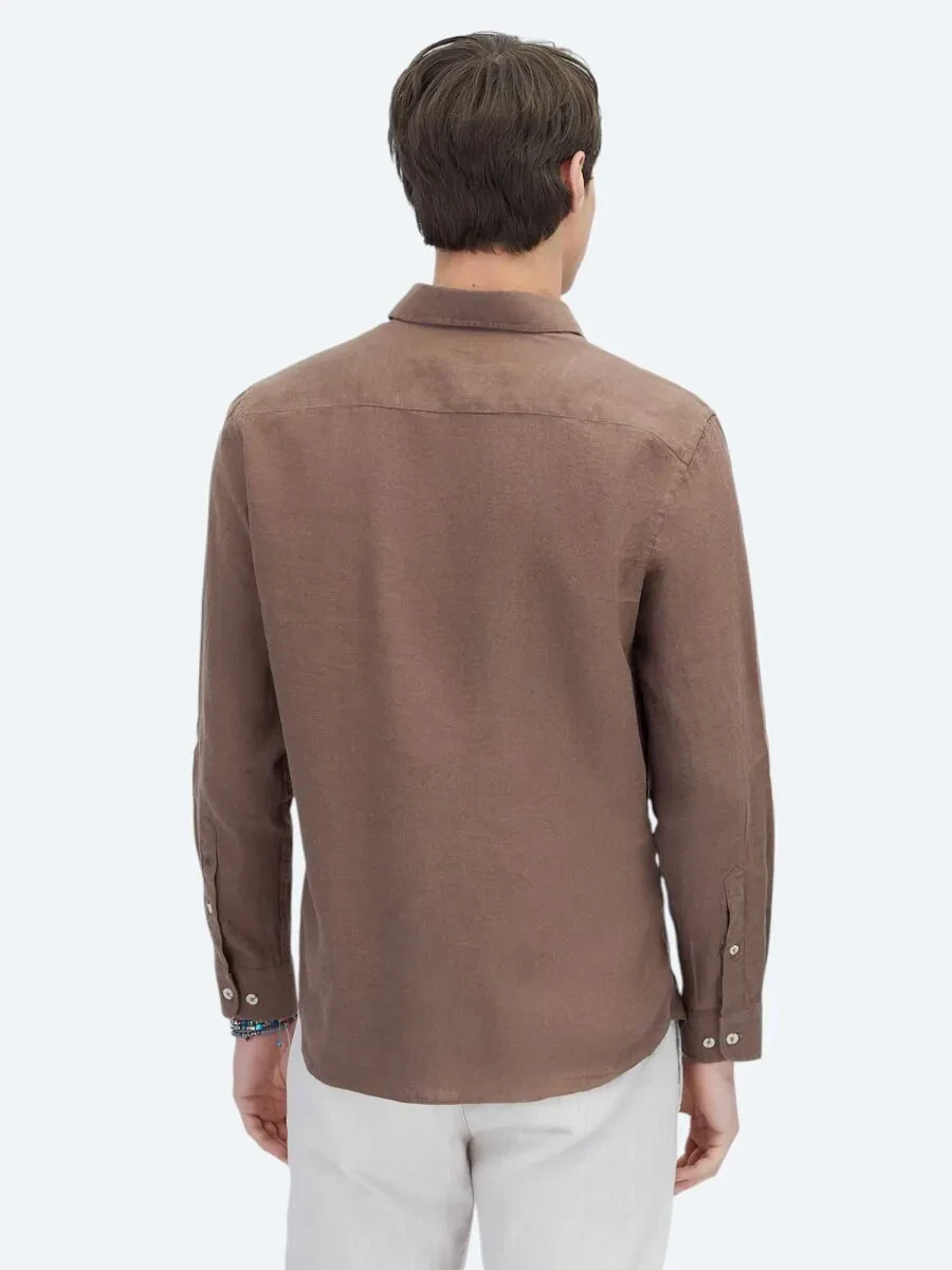 Brown Plain Weaving Casual Cotton Blended Shirt - 5