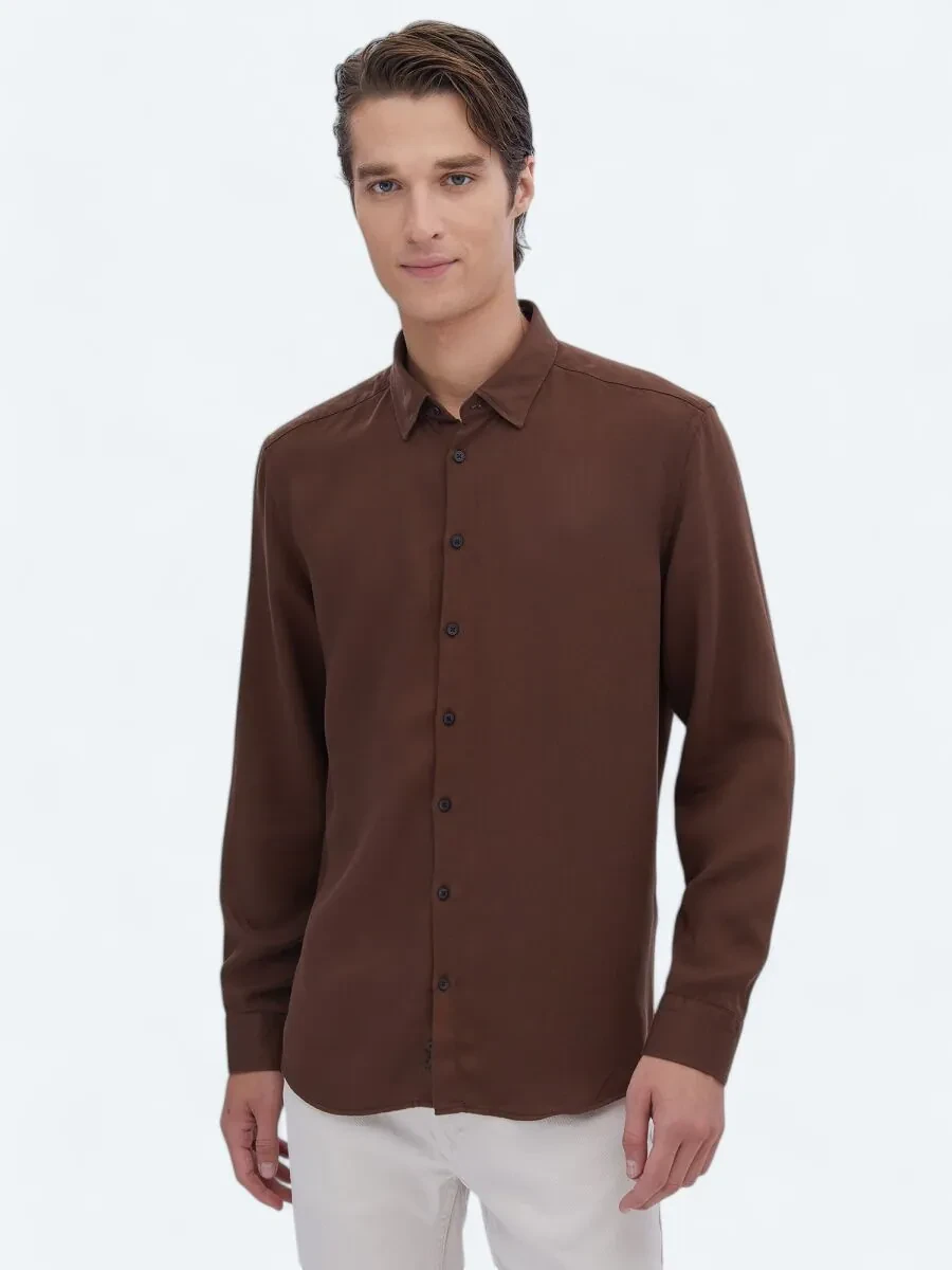Brown Ribbed Regular Fit Weaving Casual Shirt - 3