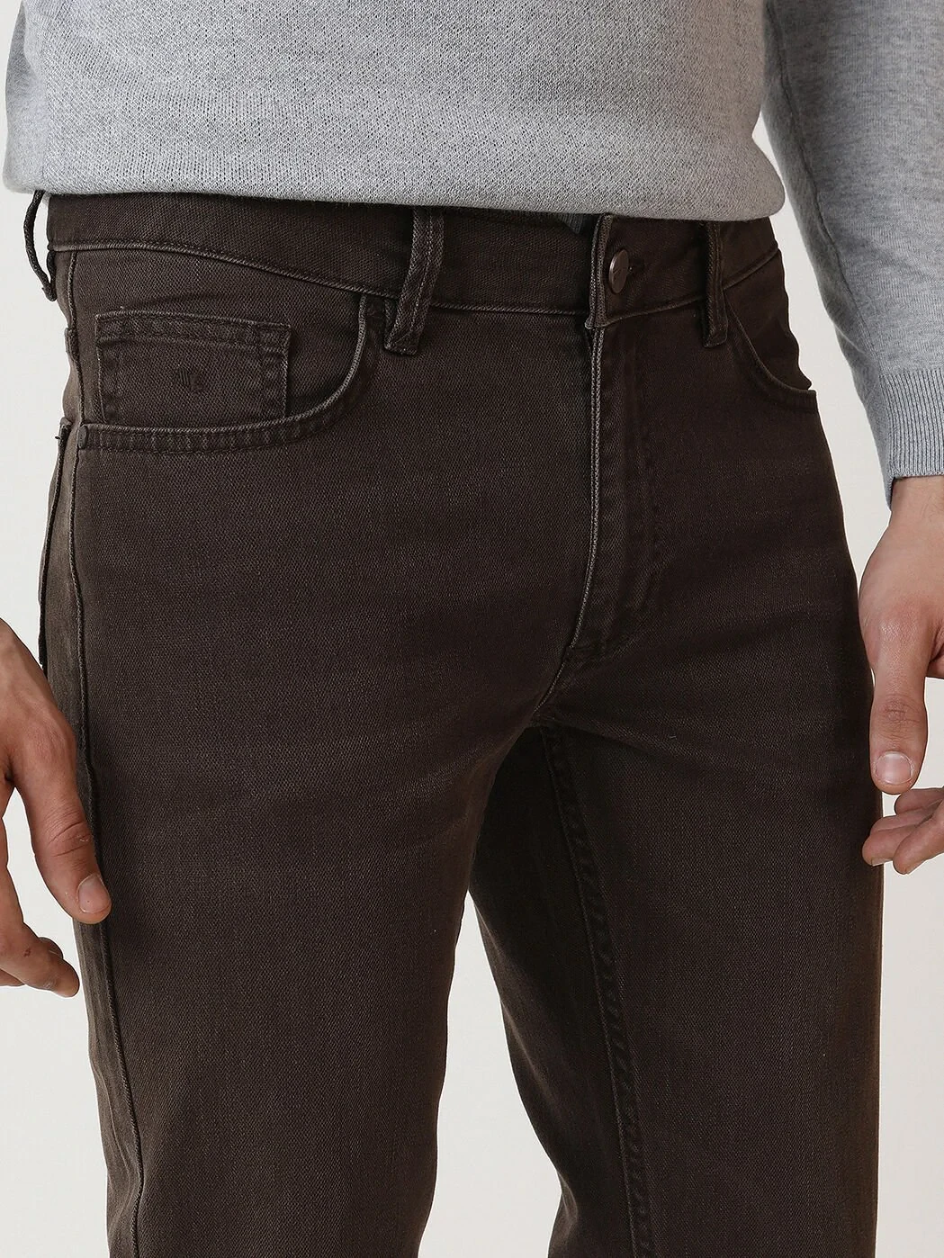 Brown Slim Fit Denim Cotton Blended Trousers - 2