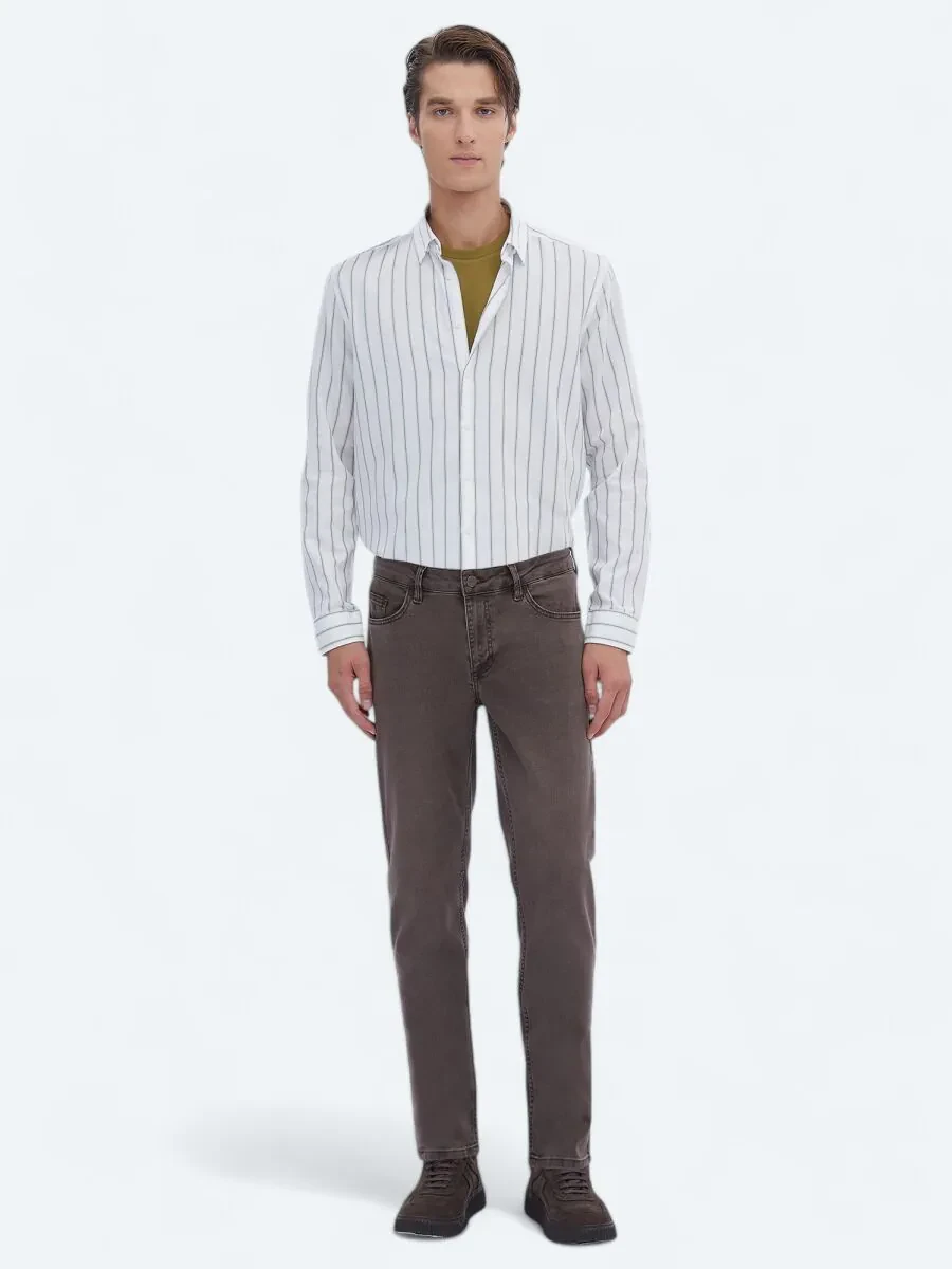 Brown Slim Fit Denim Cotton Blended Trousers - 1