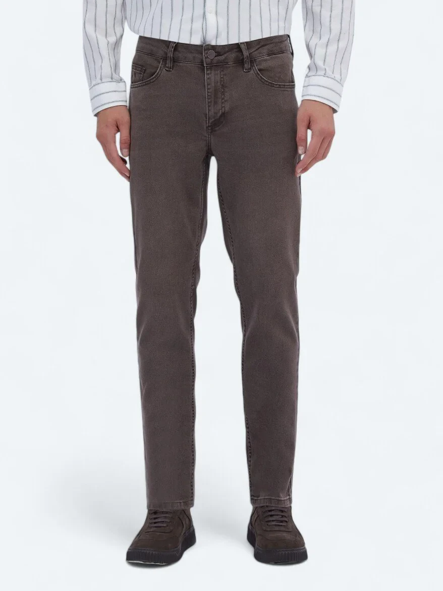 Brown Slim Fit Denim Cotton Blended Trousers - 2