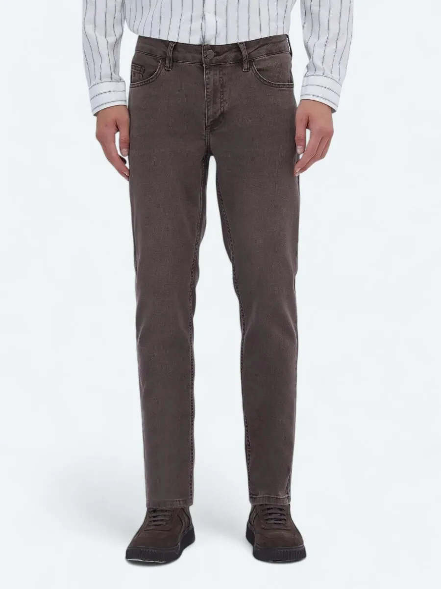 Brown Slim Fit Denim Cotton Blended Trousers - 2