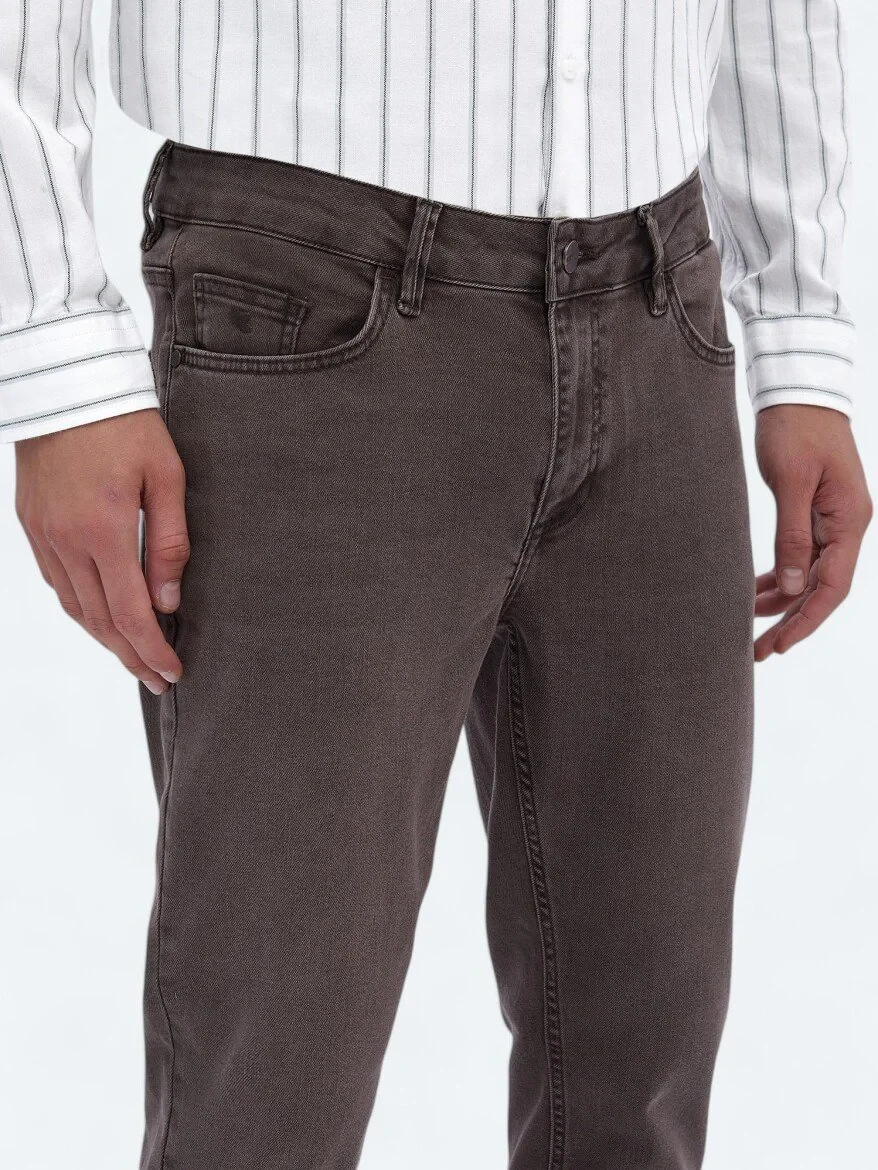 Brown Slim Fit Denim Cotton Blended Trousers - 3