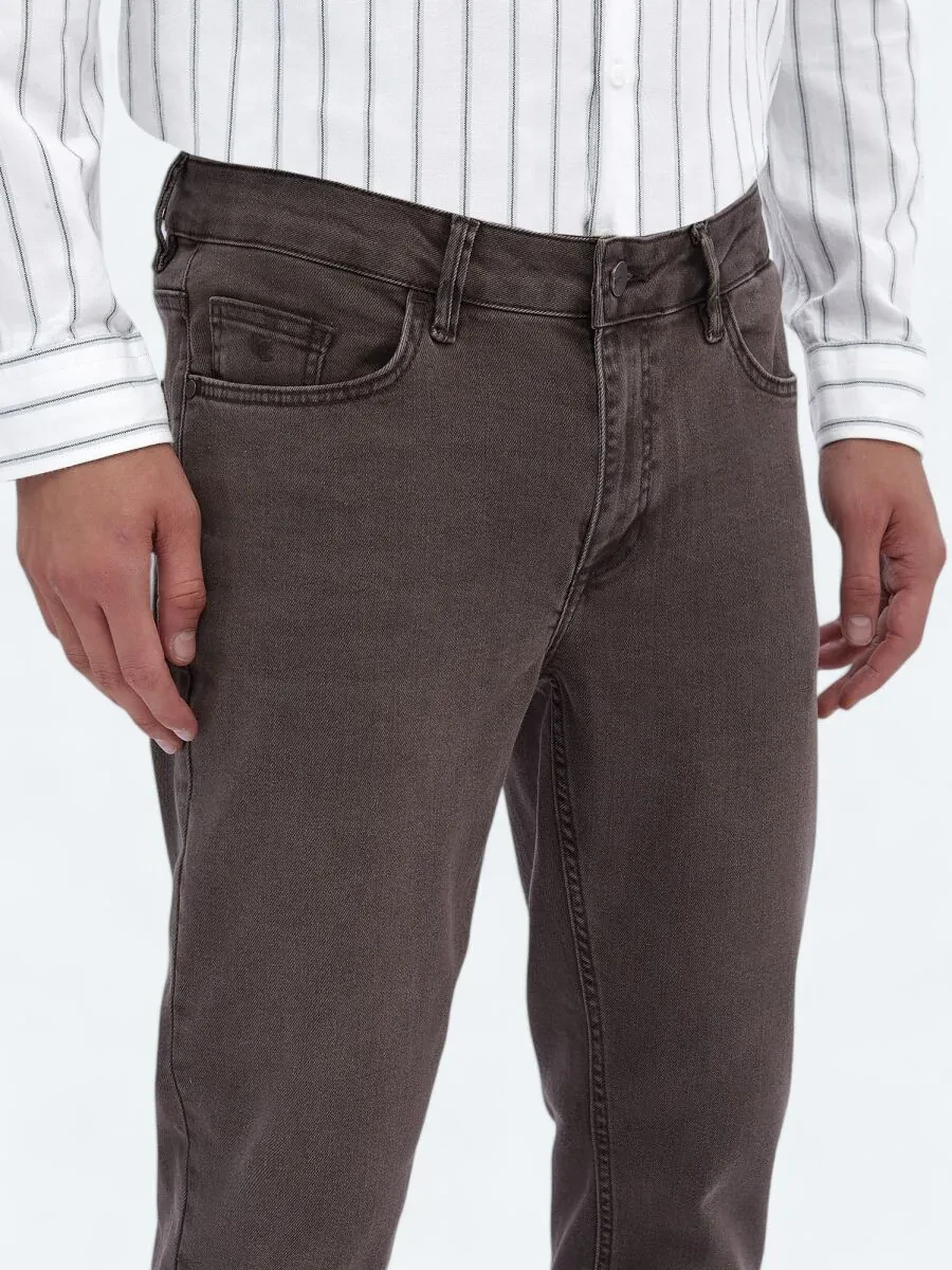 Brown Slim Fit Denim Cotton Blended Trousers - 3