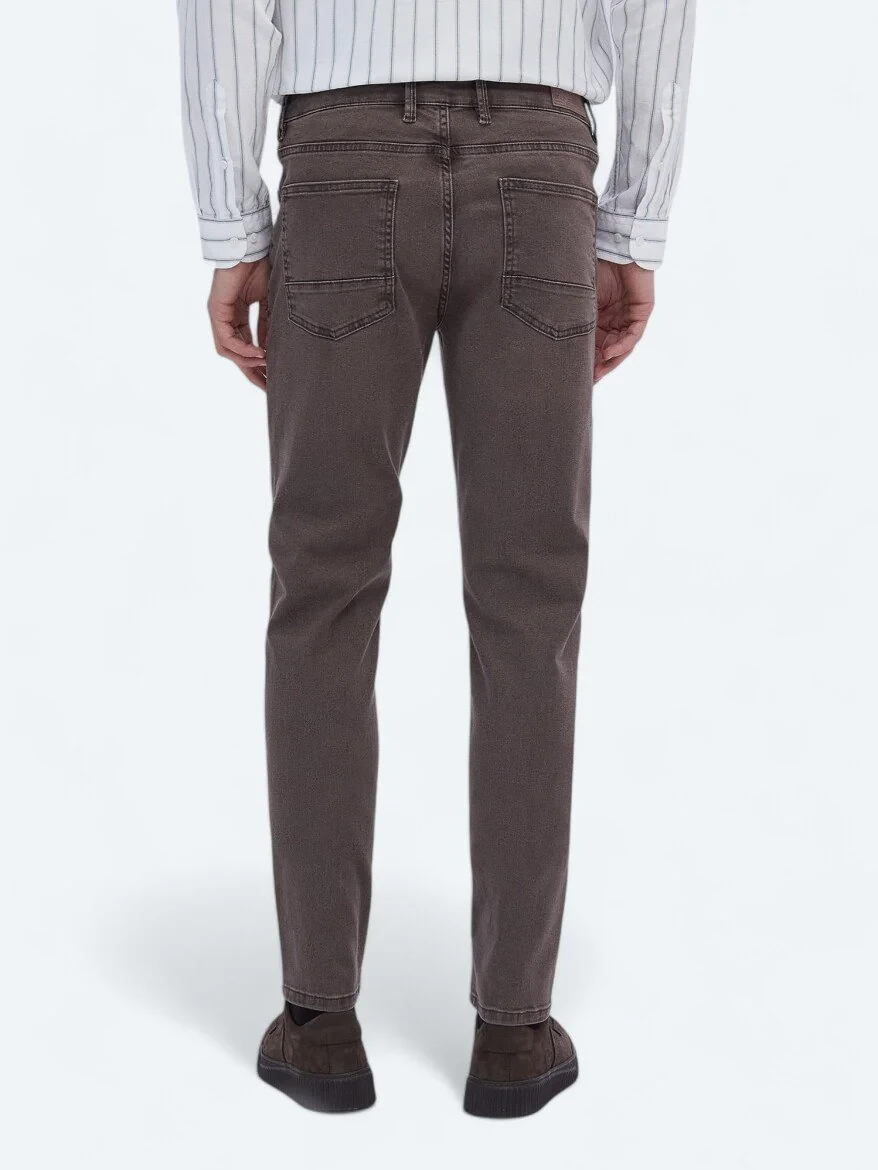 Brown Slim Fit Denim Cotton Blended Trousers - 4