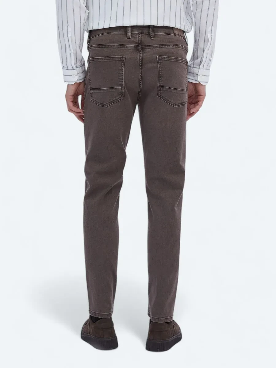 Brown Slim Fit Denim Cotton Blended Trousers - 4