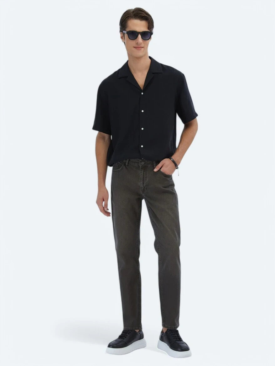 Brown Slim Fit Denim Cotton Blended Trousers - 1