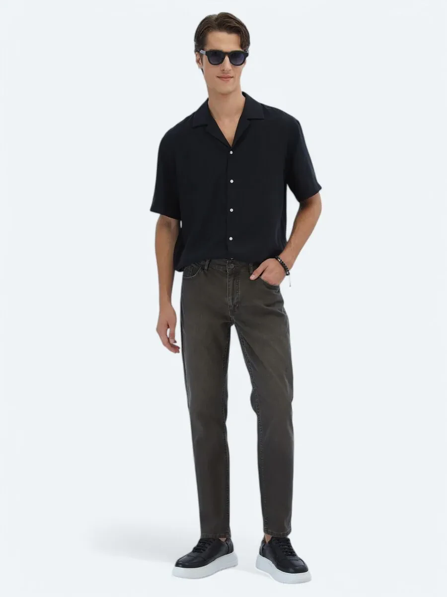 Brown Slim Fit Denim Cotton Blended Trousers - 1