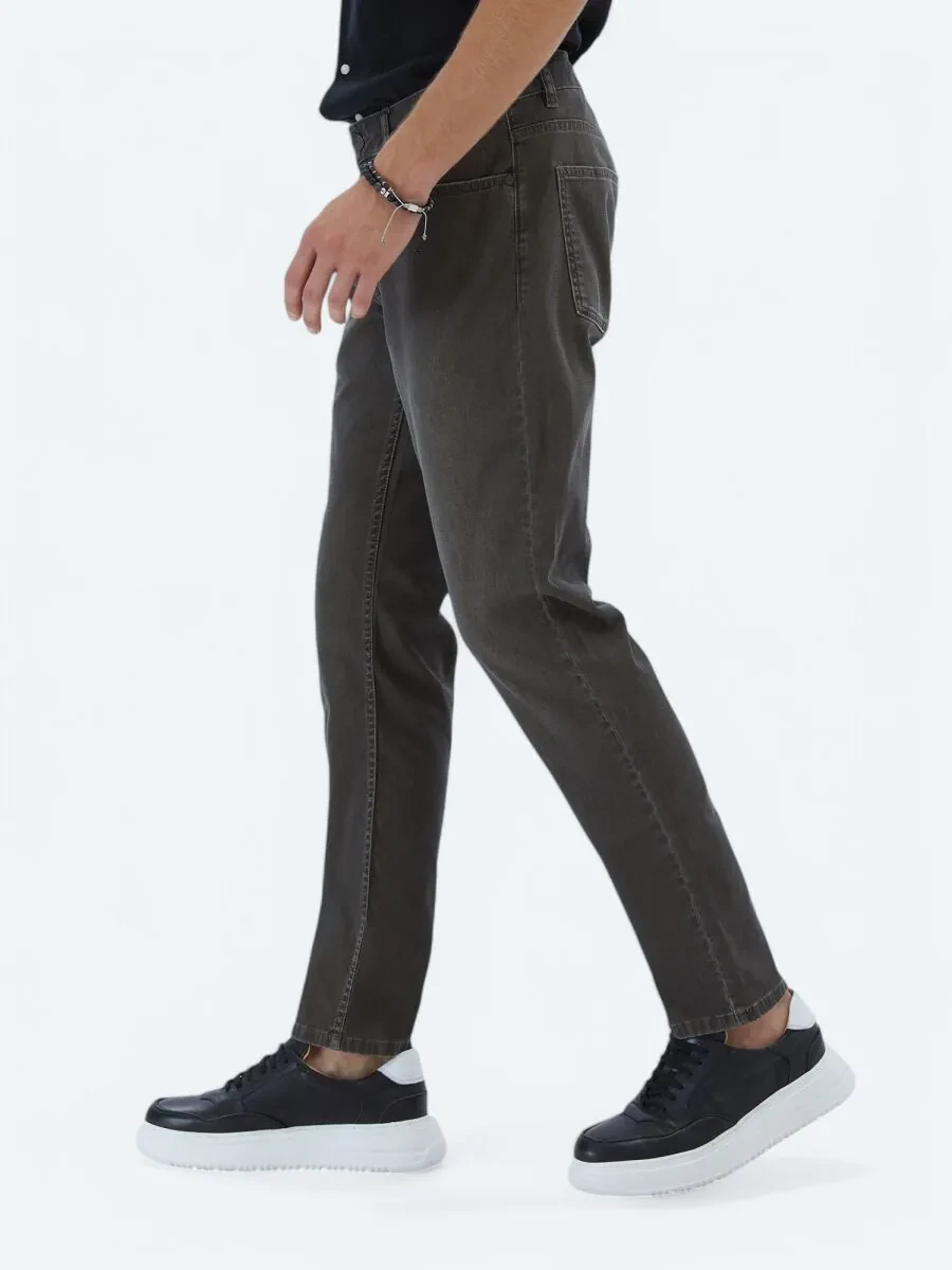 Brown Slim Fit Denim Cotton Blended Trousers - 3