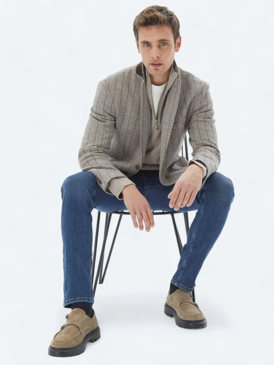 Brown Striped Modern Fit Cotton Blended Jacket - 1