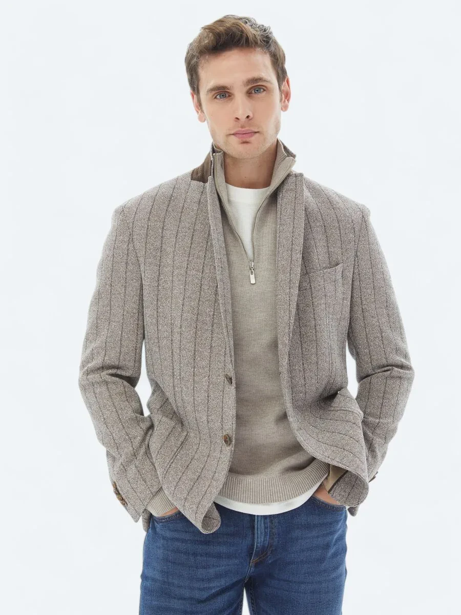 Brown Striped Modern Fit Cotton Blended Jacket - 2