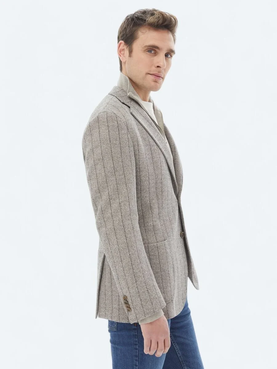 Brown Striped Modern Fit Cotton Blended Jacket - 5