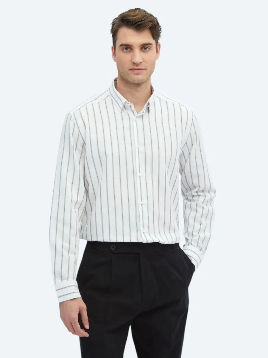 Brown Striped Regular Fit Weaving Casual 100% Cotton Shirt - 1
