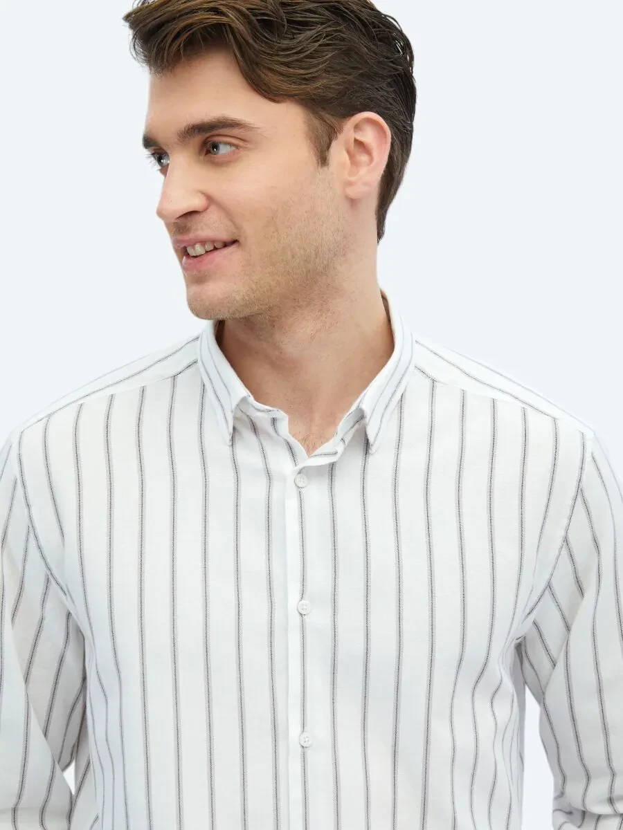 Brown Striped Regular Fit Weaving Casual 100% Cotton Shirt - 4