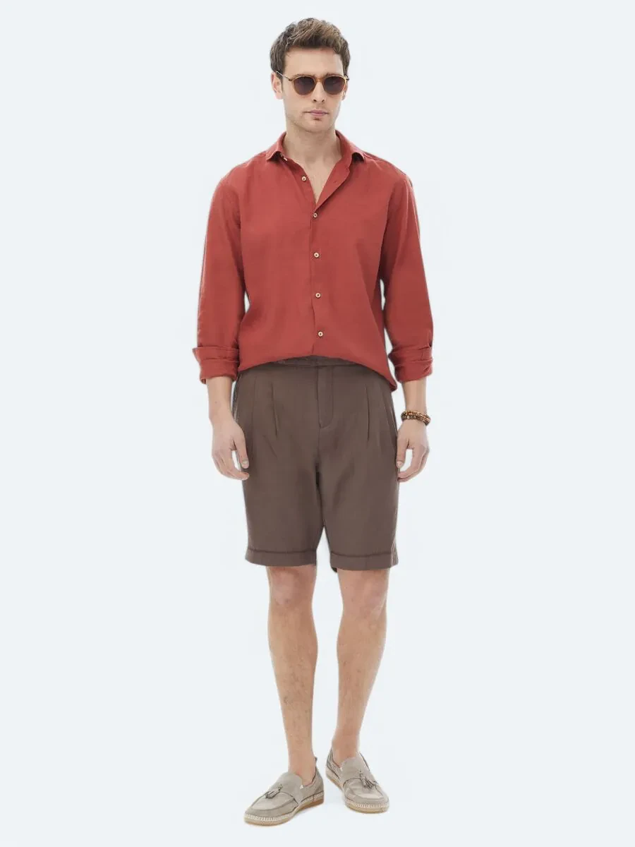 Brown Weaving Carrot Fit Casual Bermuda - 1