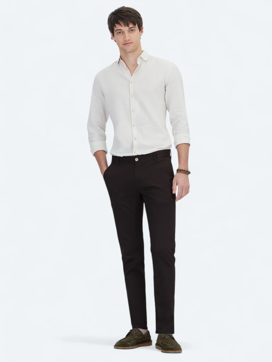 Brown Weaving Casual Cotton Blended Trousers - 1