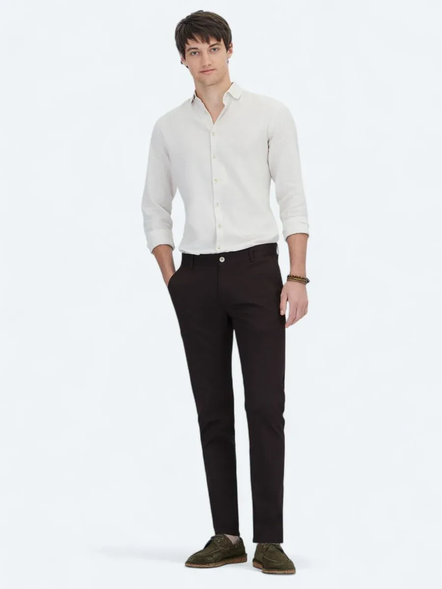 Brown Weaving Casual Cotton Blended Trousers - 1