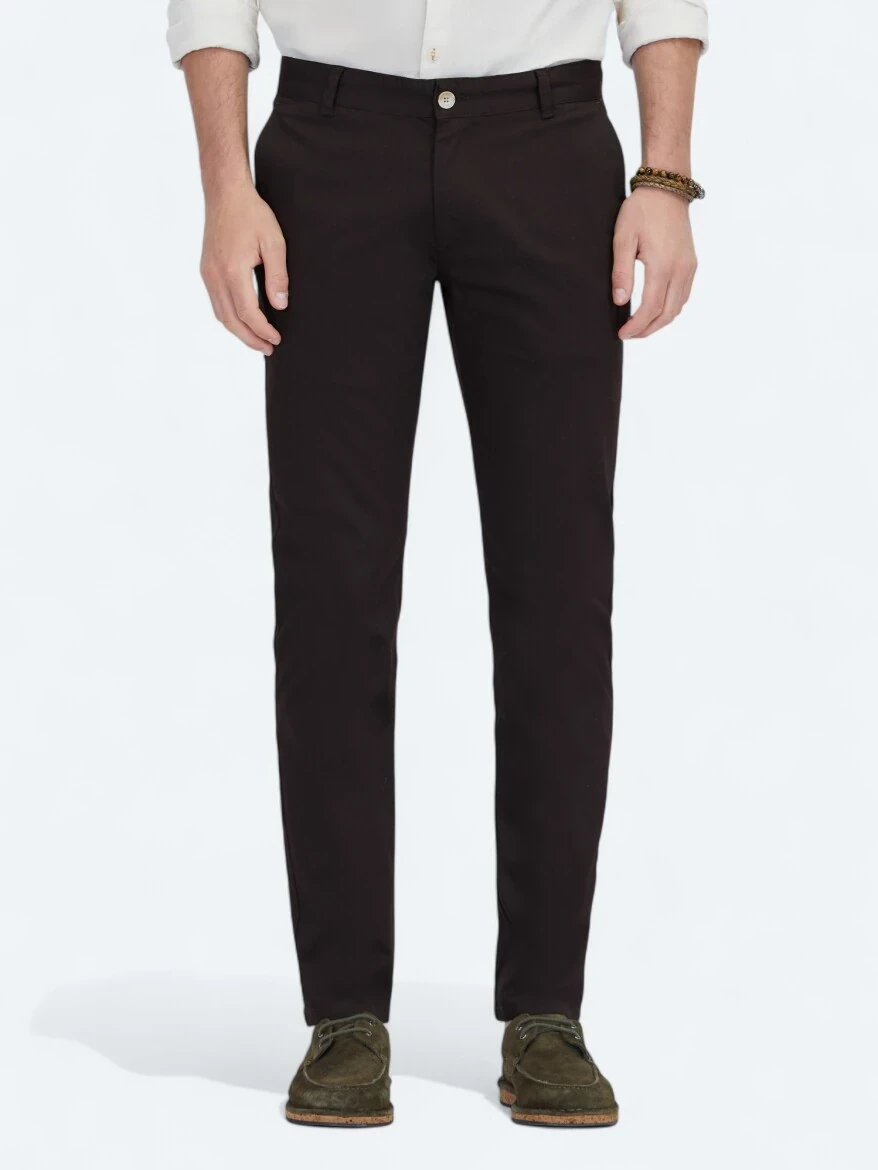 Brown Weaving Casual Cotton Blended Trousers - 2