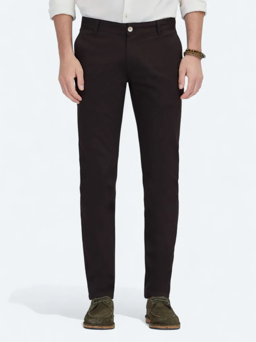 Brown Weaving Casual Cotton Blended Trousers - 2