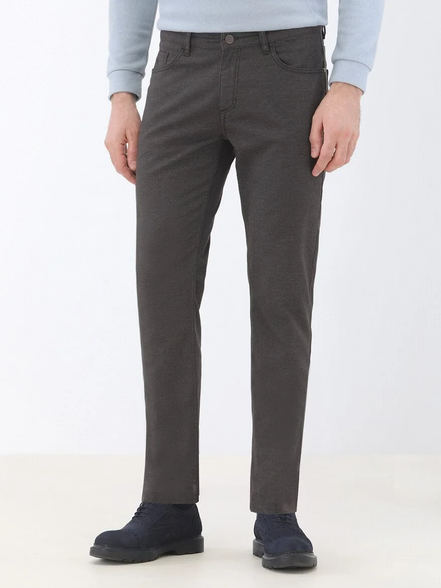 Brown Weaving Slim Fit Casual Cotton Blended Trousers - 1