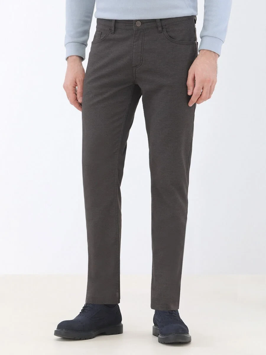Brown Weaving Slim Fit Casual Cotton Blended Trousers - 1