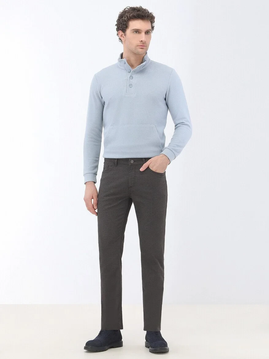 Brown Weaving Slim Fit Casual Cotton Blended Trousers - 2