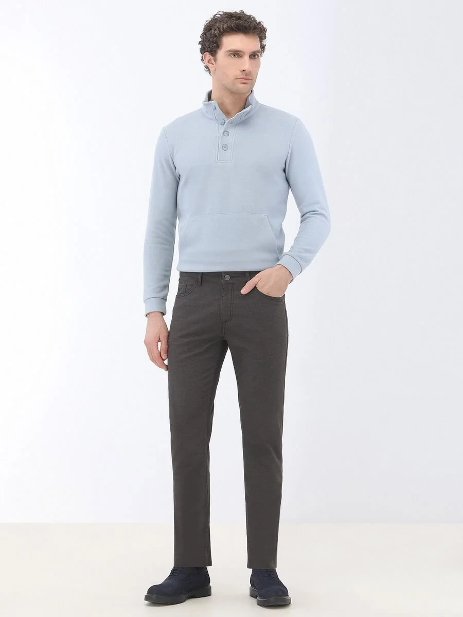 Brown Weaving Slim Fit Casual Cotton Blended Trousers - 2