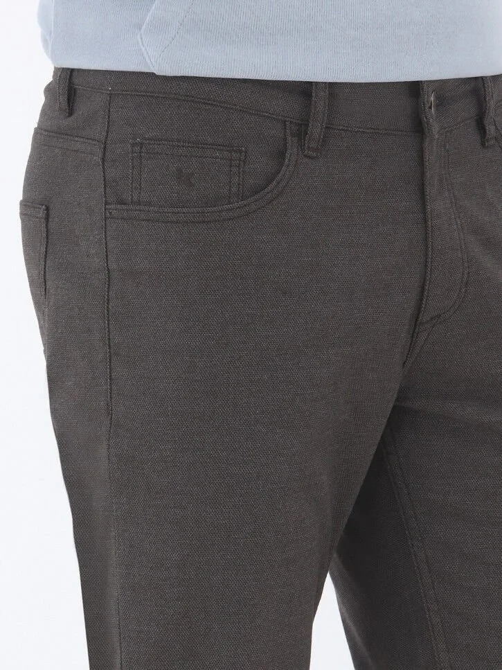 Brown Weaving Slim Fit Casual Cotton Blended Trousers - 4