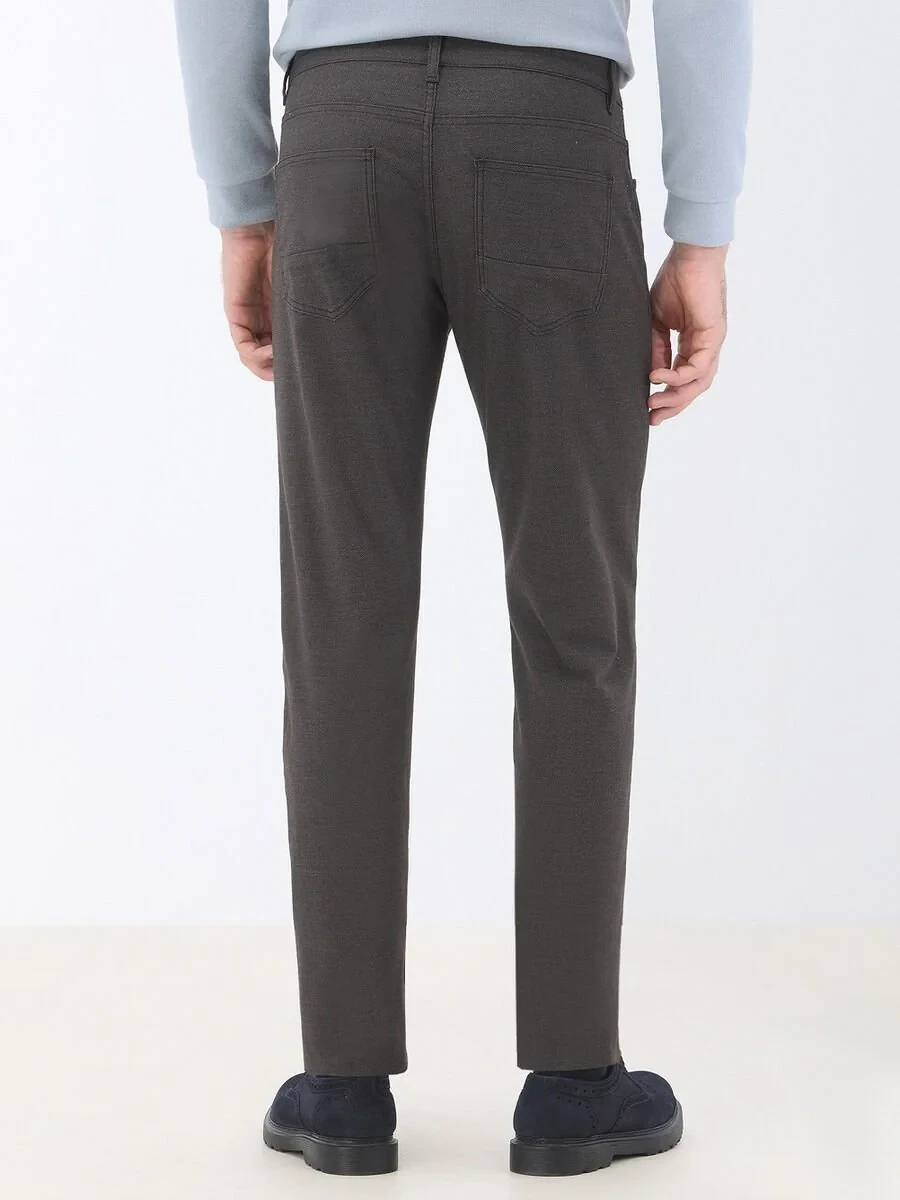 Brown Weaving Slim Fit Casual Cotton Blended Trousers - 5