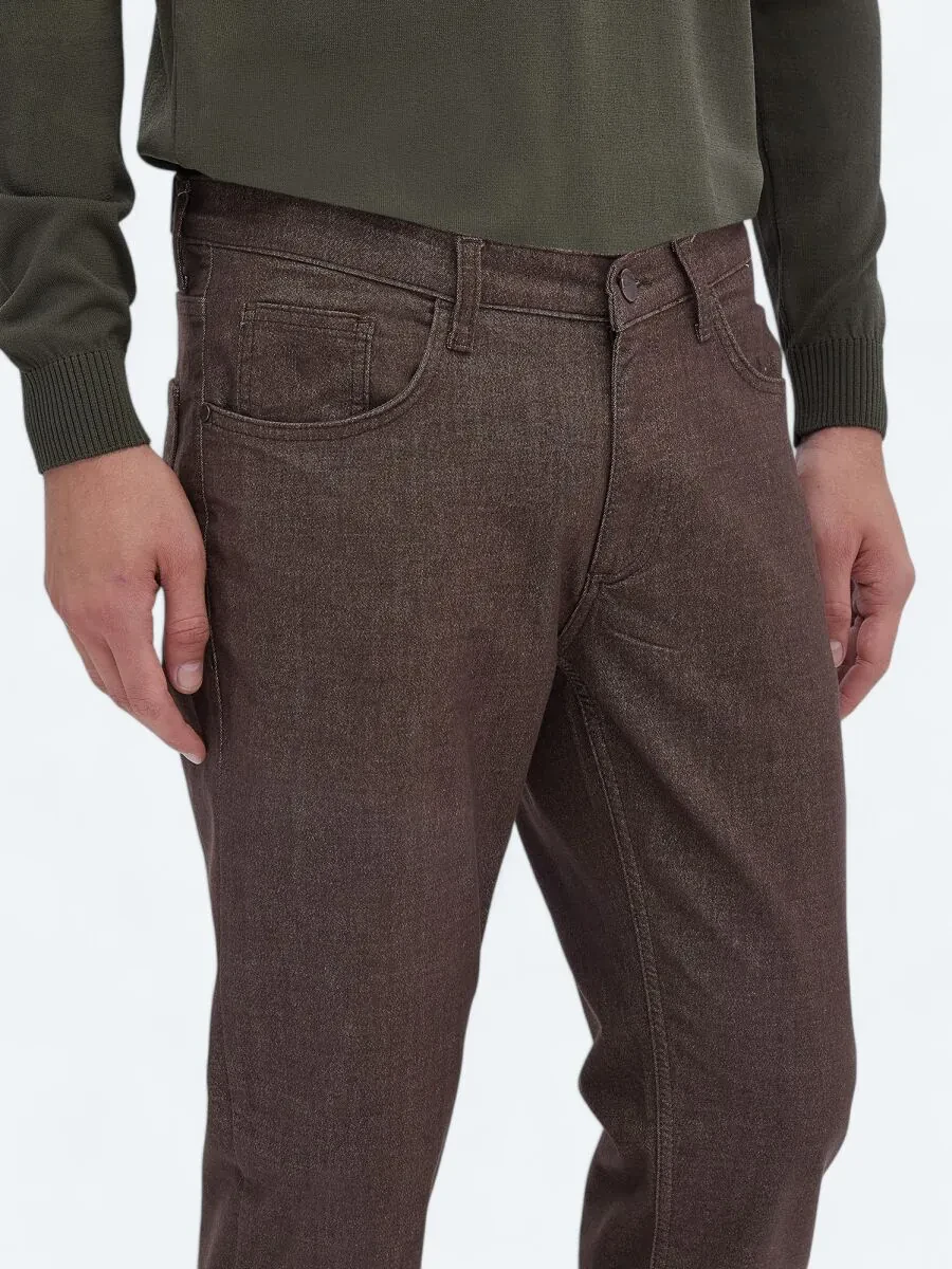 Brown Weaving Slim Fit Casual Cotton Blended Trousers - 3