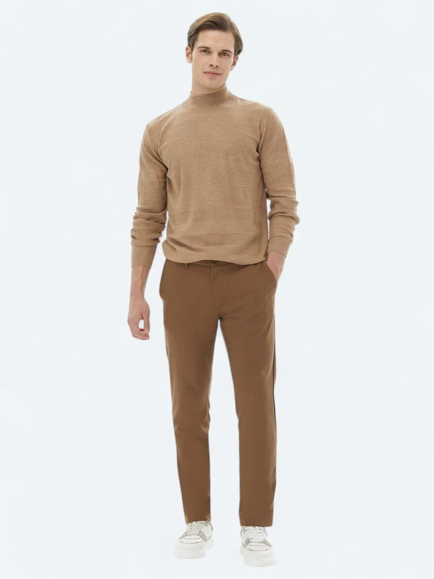 Brown Weaving Slim Fit Casual Trousers - 1