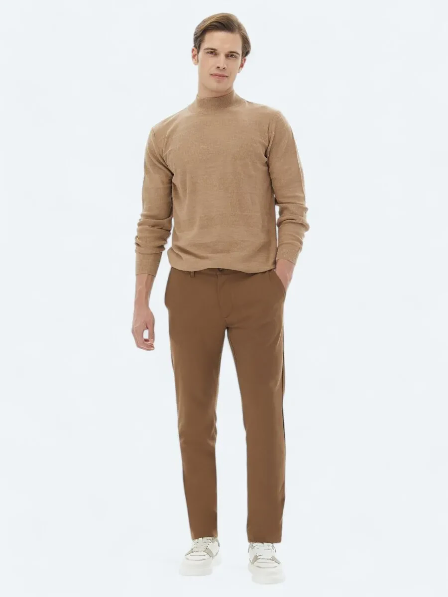 Brown Weaving Slim Fit Casual Trousers - 1