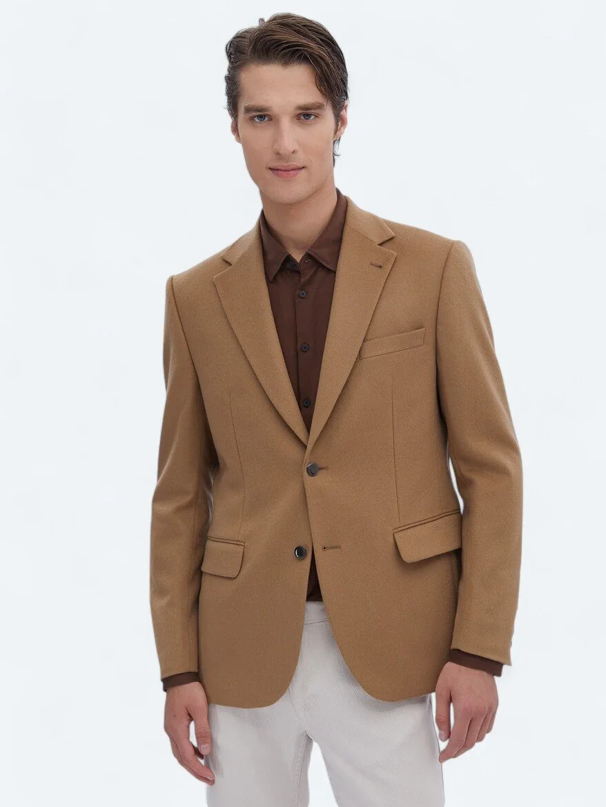 Buff Plain Wool Blended Jacket - 1