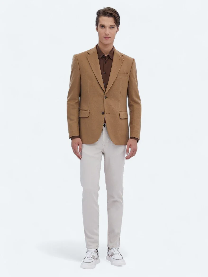 Buff Plain Wool Blended Jacket - 2