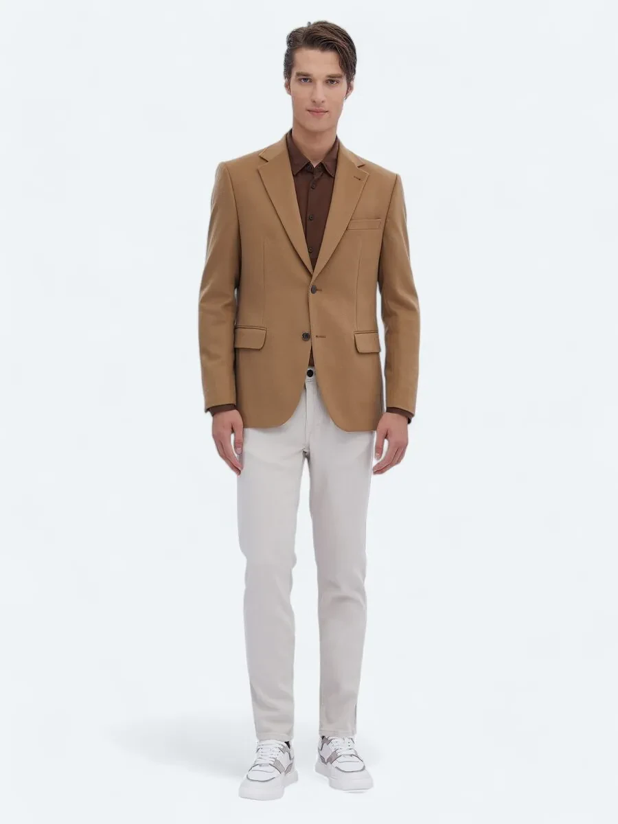 Buff Plain Wool Blended Jacket - 2
