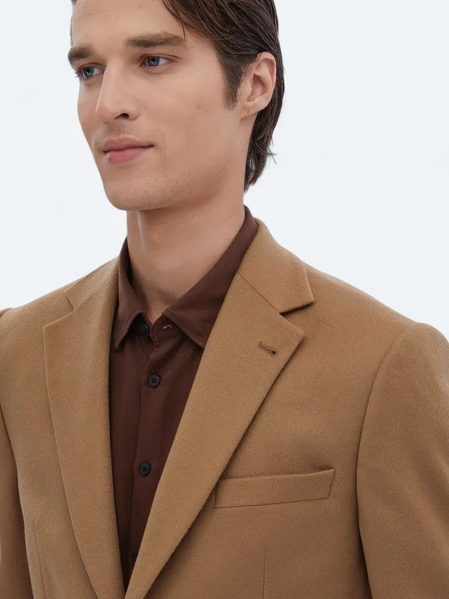 Buff Plain Wool Blended Jacket - 3