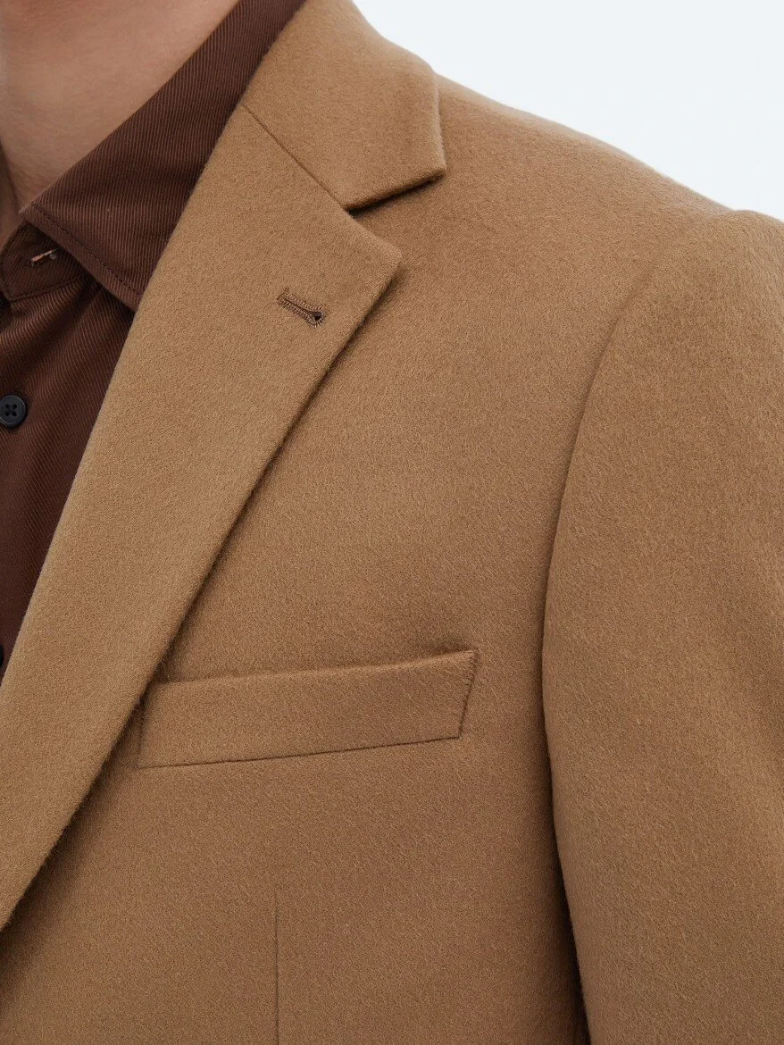 Buff Plain Wool Blended Jacket - 4
